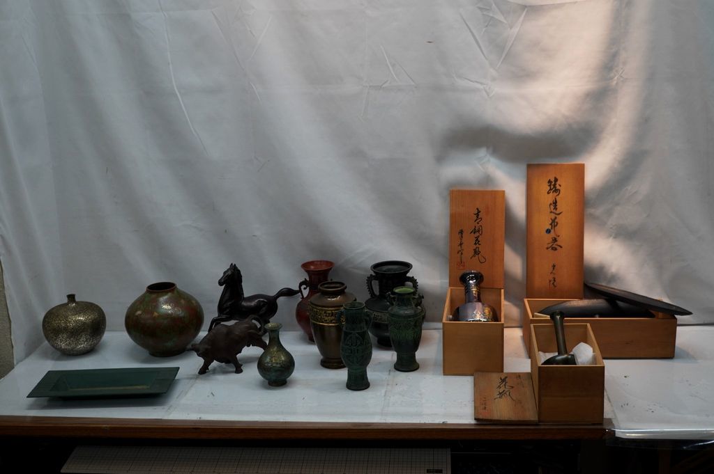 3-246 鋳銅 青銅 まとめ 花器 高岡銅器 秀雲 正雲堂 花瓶 闘牛 双