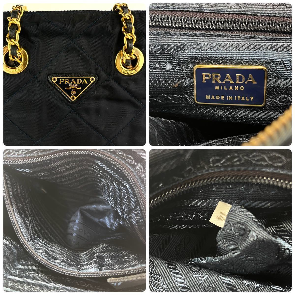 1円 ■美品■ PRADA プラダ ゴールドチェーン キルティング 三角プレート ショルダーバッグ ナイロン バッグ ネイビー a52 プラダ PRADA チェーン ゴールド金具 スエード (プラダ)