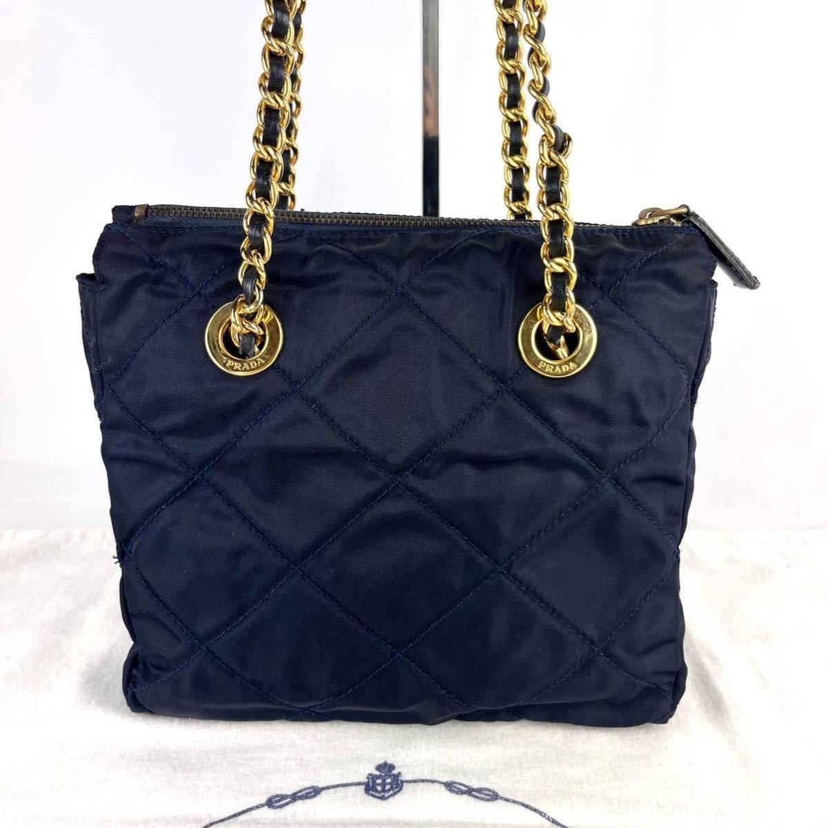 1円 ■美品■ PRADA プラダ ゴールドチェーン キルティング 三角プレート ショルダーバッグ ナイロン バッグ ネイビー a52 プラダ PRADA チェーン ゴールド金具 スエード (プラダ)