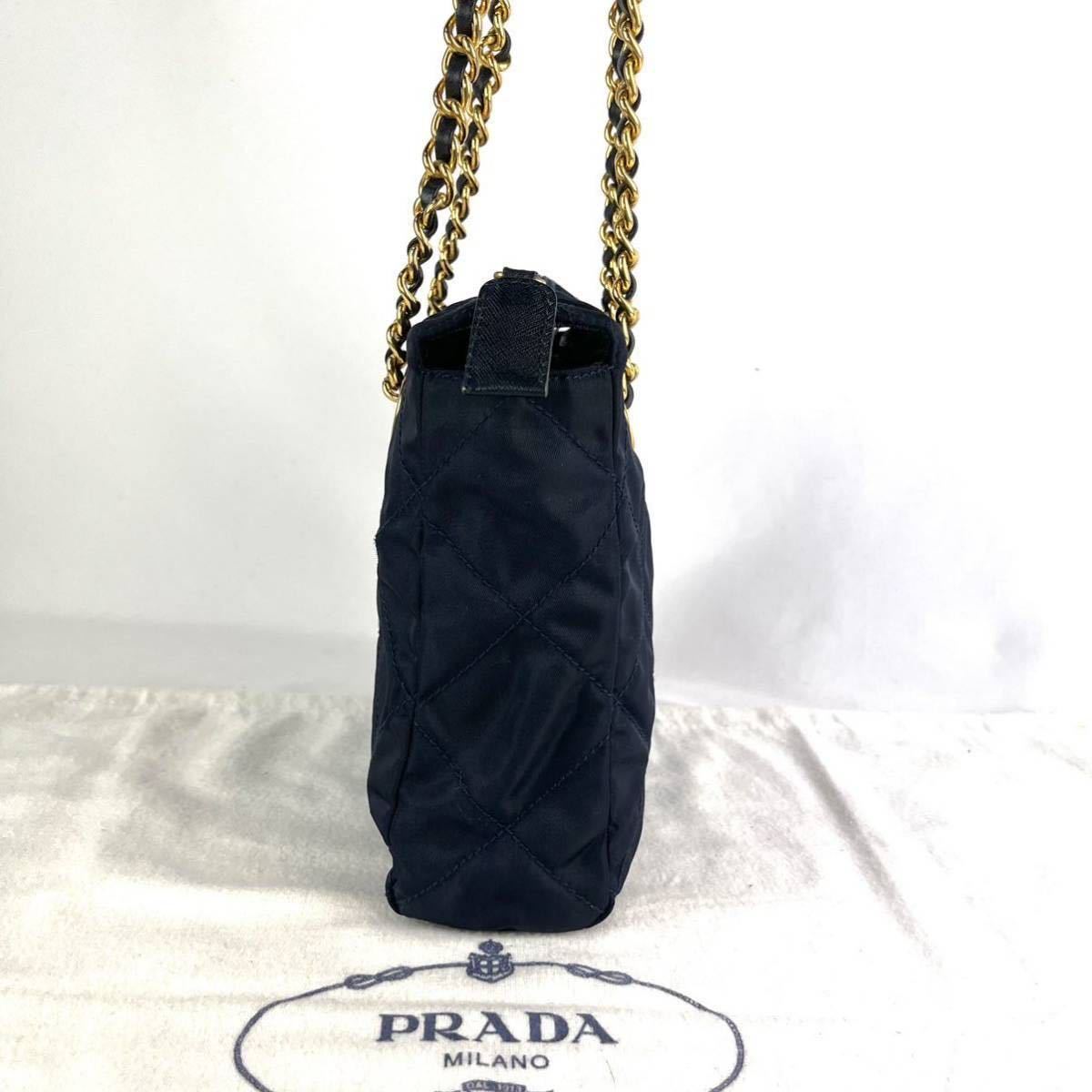 1円 ■美品■ PRADA プラダ ゴールドチェーン キルティング 三角プレート ショルダーバッグ ナイロン バッグ ネイビー a52 プラダ PRADA チェーン ゴールド金具 スエード (プラダ)