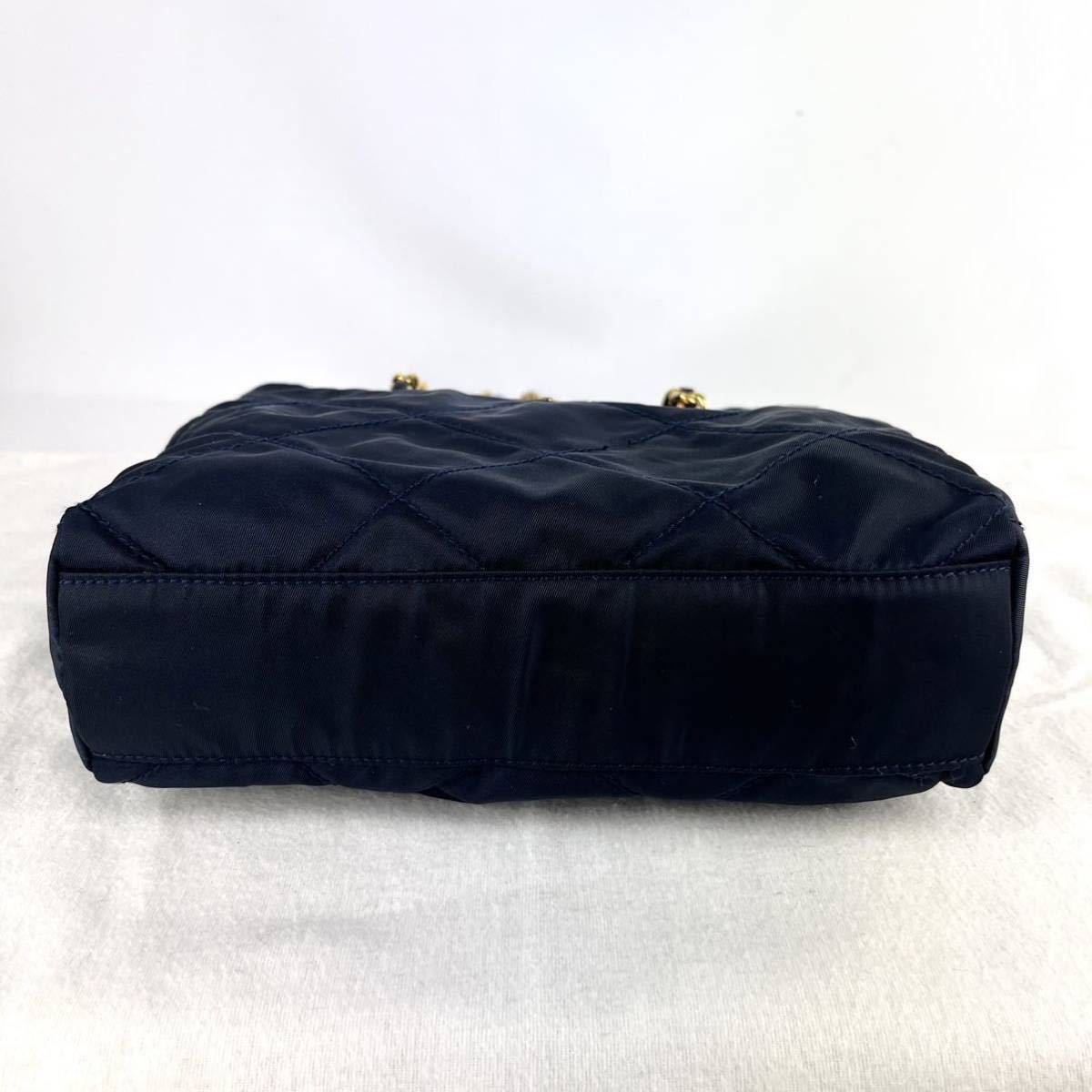 1円 ■美品■ PRADA プラダ ゴールドチェーン キルティング 三角プレート ショルダーバッグ ナイロン バッグ ネイビー a52 プラダ PRADA チェーン ゴールド金具 スエード (プラダ)