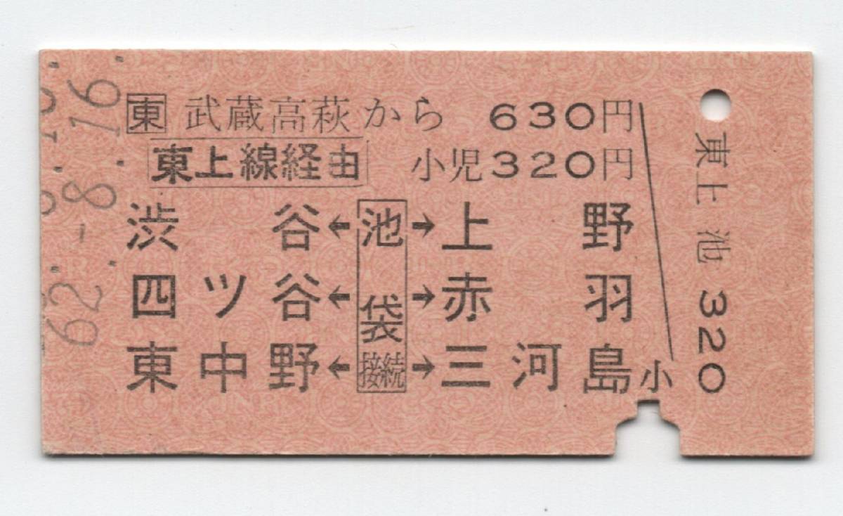  ＪＲ東日本 A型 赤地紋 武蔵高萩から 東上線経由 渋谷 上野他 S62年(乗車券)｜売買されたオークション情報、yahooの商品情報をアーカイブ公開 - オークファン 硬券