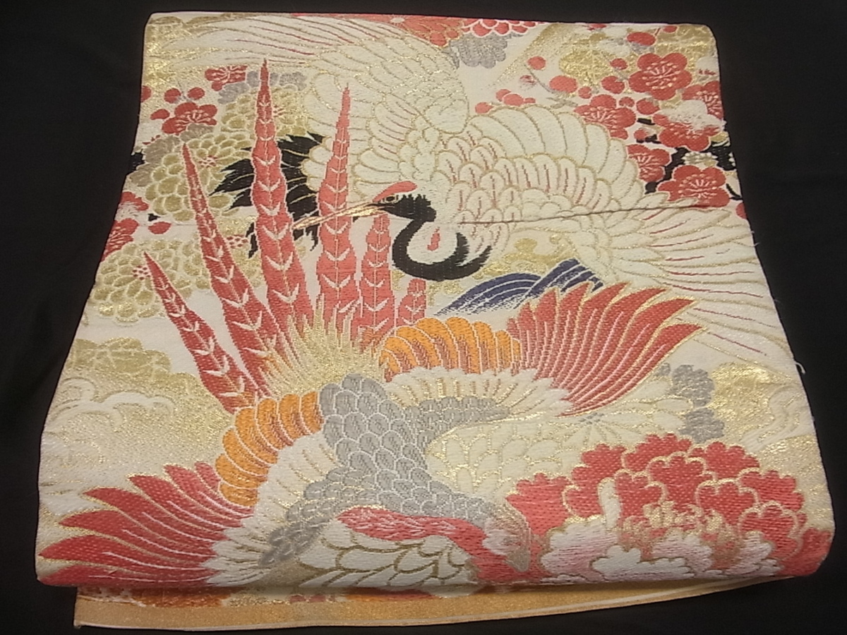 平和屋着物□アンティーク 大正ロマン 丸帯 唐織 鳳凰飛鶴花文 金糸 逸品