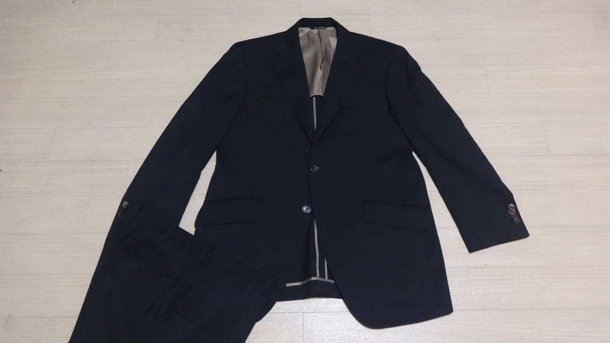  美品170cmW90cm☆大サイズ★TAILOR FIELDS★春夏★段返り2Bスリムスーツ黒/ブラック★水牛本切羽/背抜シングル２釦/麻布テーラーフィールズ