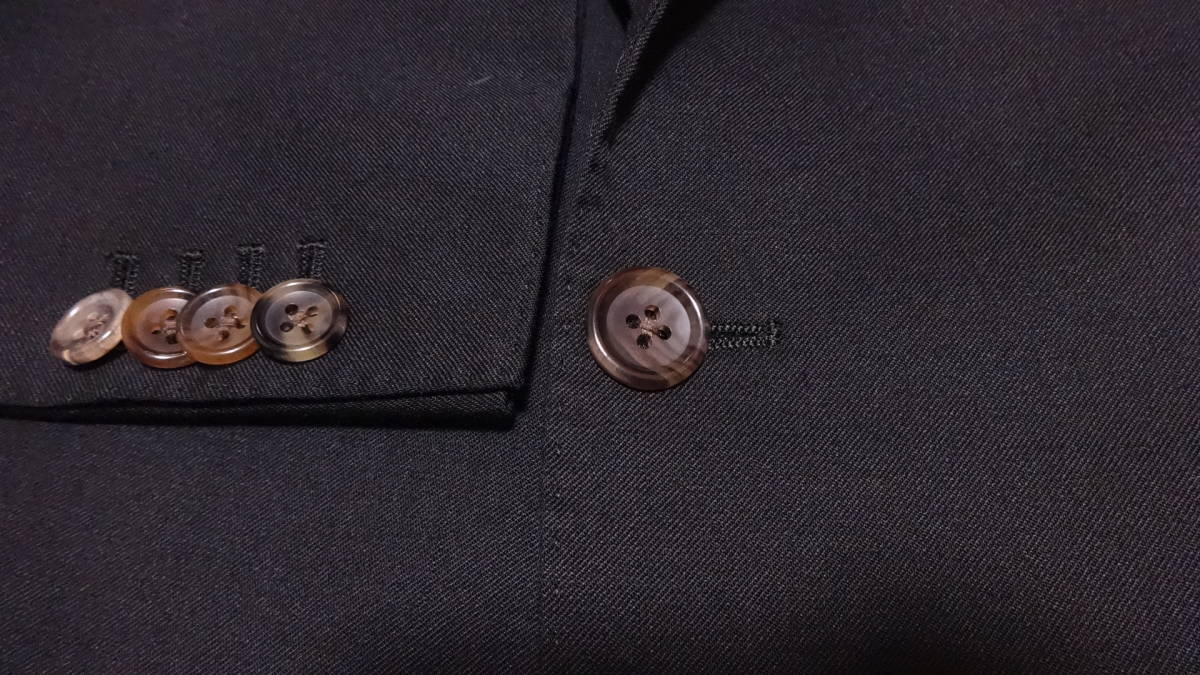  美品170cmW90cm☆大サイズ★TAILOR FIELDS★春夏★段返り2Bスリムスーツ黒/ブラック★水牛本切羽/背抜シングル２釦/麻布テーラーフィールズ