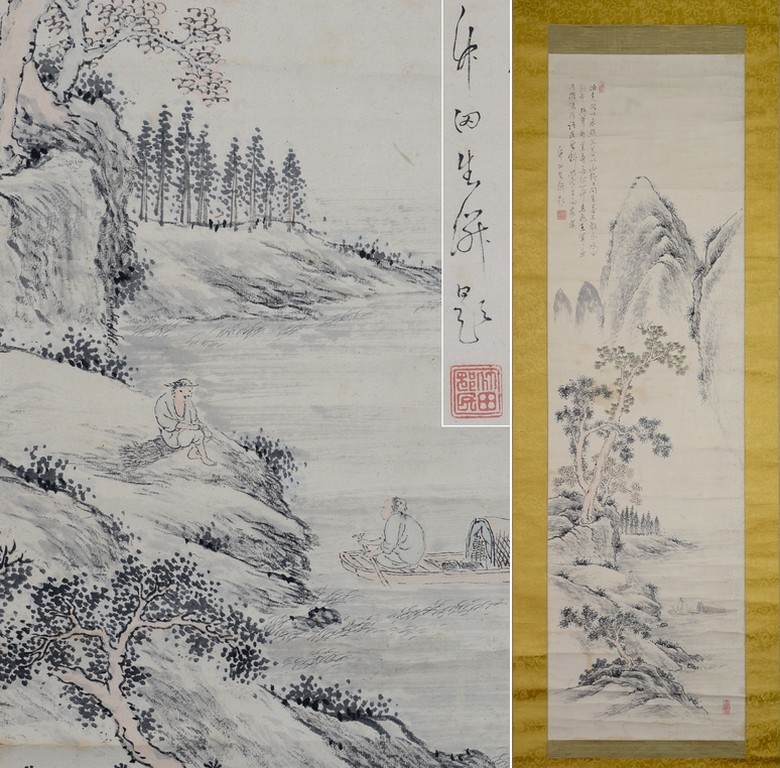 掛軸□ 田能村竹田 山水図 紙本着色 高橋草坪 田能村直入 文人画 南画