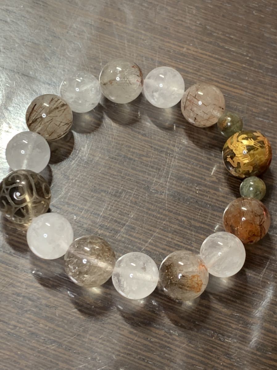 天然石★豪華デザインブレスレット★金運up！四神タイガーアイ、マニカラン水晶、回紋珠！