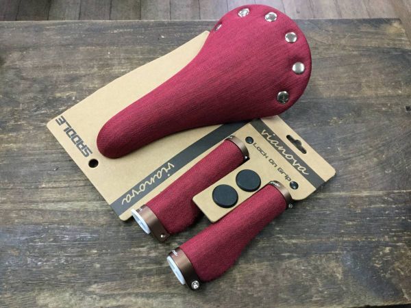セットでお得★新品★キャンパス地鋲付サドル＆ダブルロックオンエルゴグリップセット レッド/レッド　エルゴノミック　カスタムに最適
