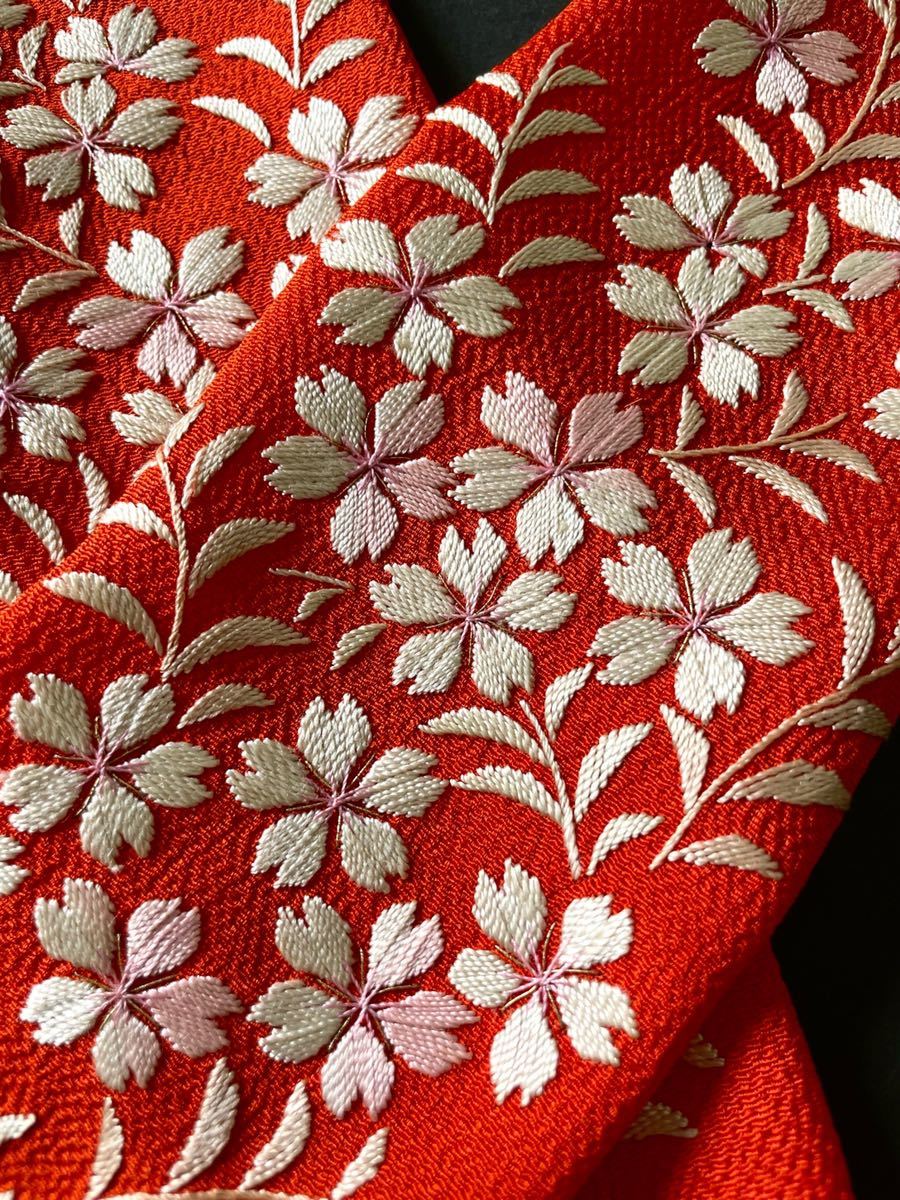 アンティーク着物◇刺繍 半襟 縮緬 桜 手刺繍 大正ロマン 美品 アンティーク着物◇刺繍 半襟 縮緬 桜 手刺繍 大正ロマン 美品