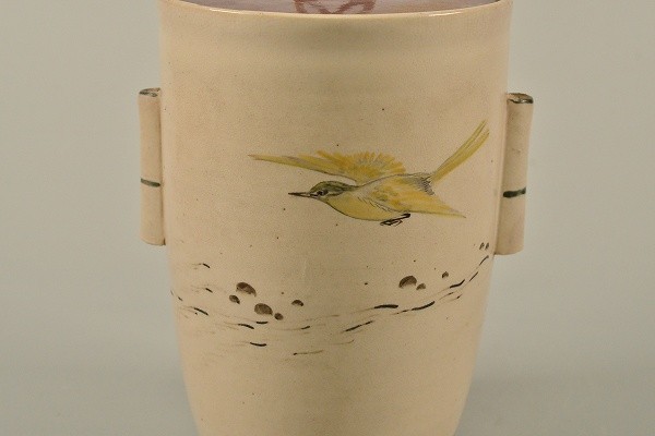 道XA263】京都名工 野々村仁清作 御室焼 色絵 鳥文 管耳付水指 細水指