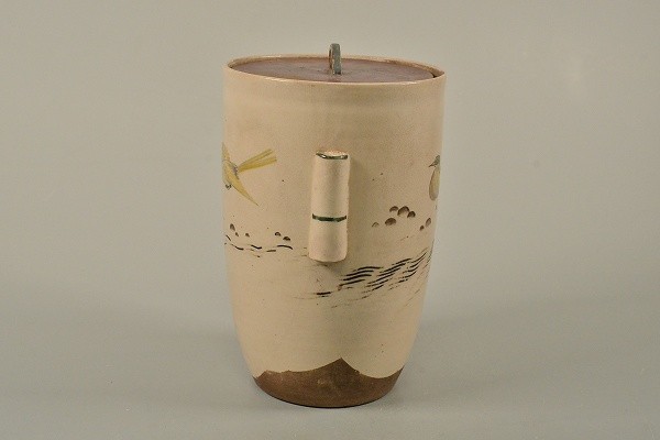 道XA263】京都名工 野々村仁清作 御室焼 色絵 鳥文 管耳付水指 細水指