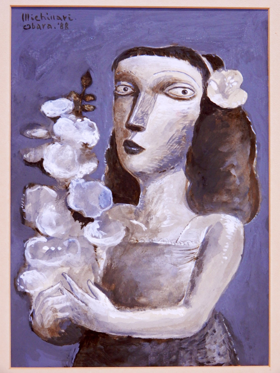 ♯ 肉筆 小原実知成 花を持つ女'88. 色紙にアクリル 人物画 在銘 額装