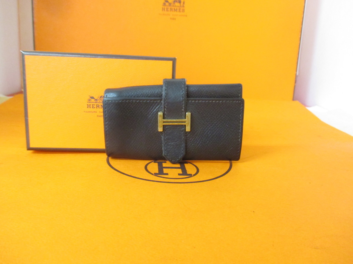 本物保証【即決で送料無料】黒/エルメス/ベアン/4連　キーケース/Ｇ金具/□Ｊ刻印/男女兼用/ホルダー/HERMESの箱付属/正規品