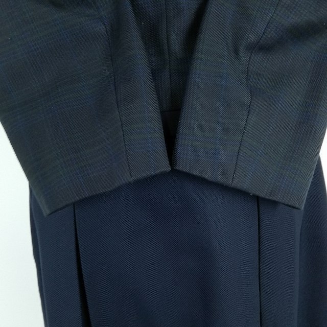 1円 イートン スカート リボン 等 上下4点セット 冬物 長袖 女子 学生服 熊本国府高校 チェック(紺/グレー) 制服 中古 ランクC EY6584_3