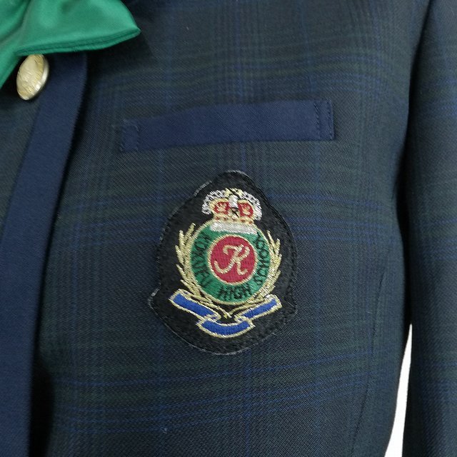 1円 イートン スカート リボン 等 上下4点セット 冬物 長袖 女子 学生服 熊本国府高校 チェック(紺/グレー) 制服 中古 ランクC EY6584_4