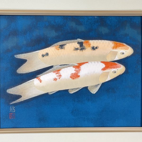真作保証□日本画□白髪悠□『双鯉』□共シール・金落款□ 無所属 鯉画