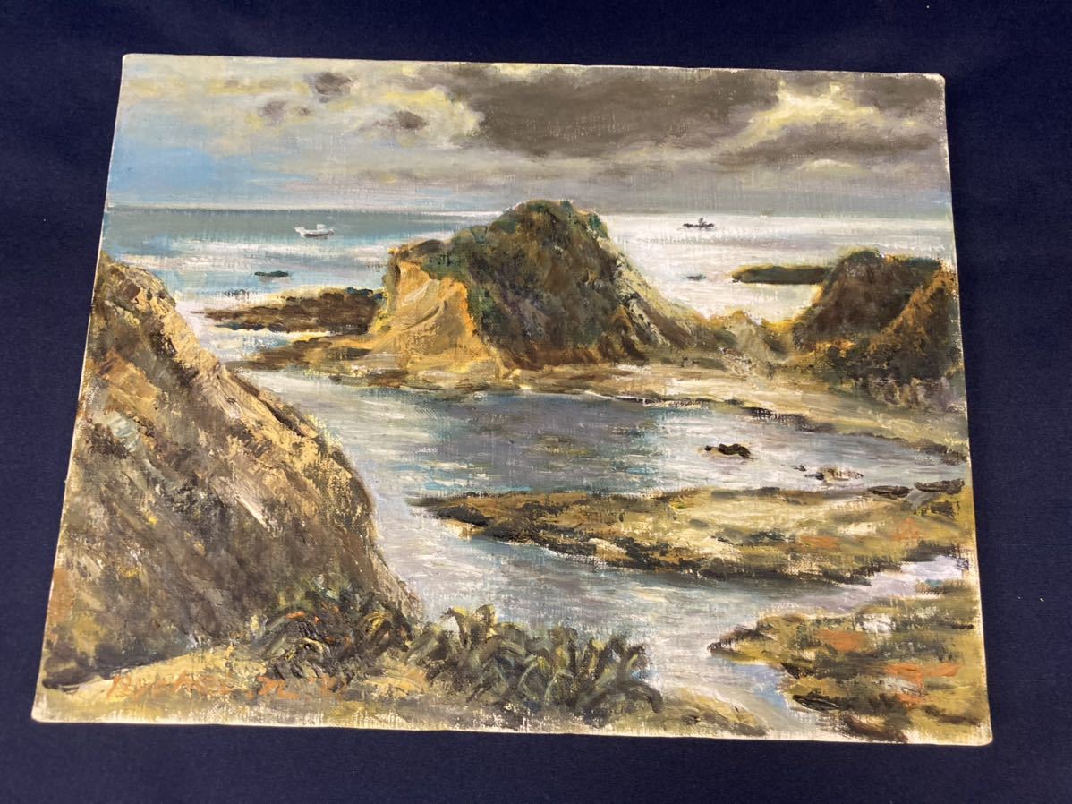 作者不明】風景画 油絵 肉筆 風景 アート 美術品 海 岩場(自然、風景画 