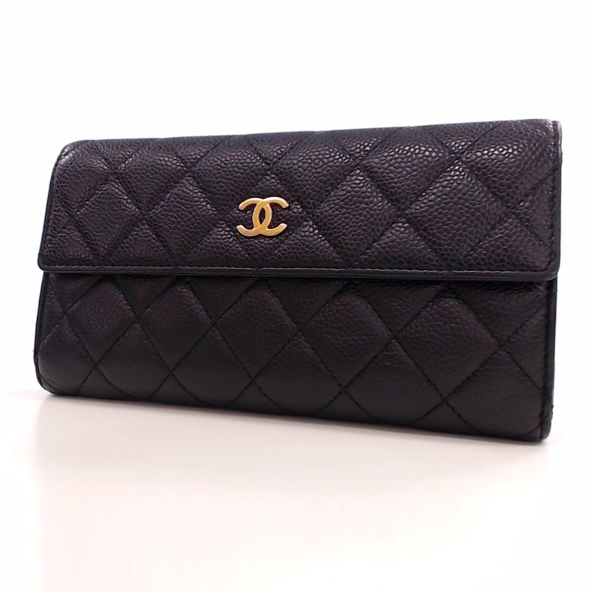 1円美品☆シャネル☆キャビアスキン マトラッセ 二つ折りWホック長財布 