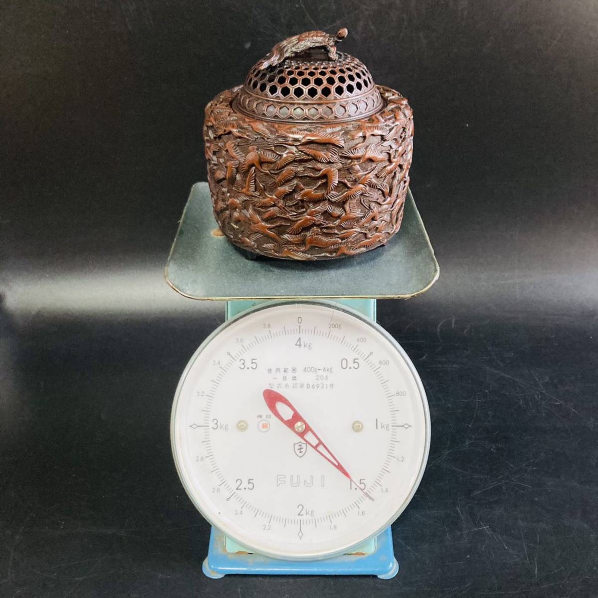 23KA815【佐野宏采 共箱 共布 鶴亀 銅香炉 未使用 保管品 美品 在銘