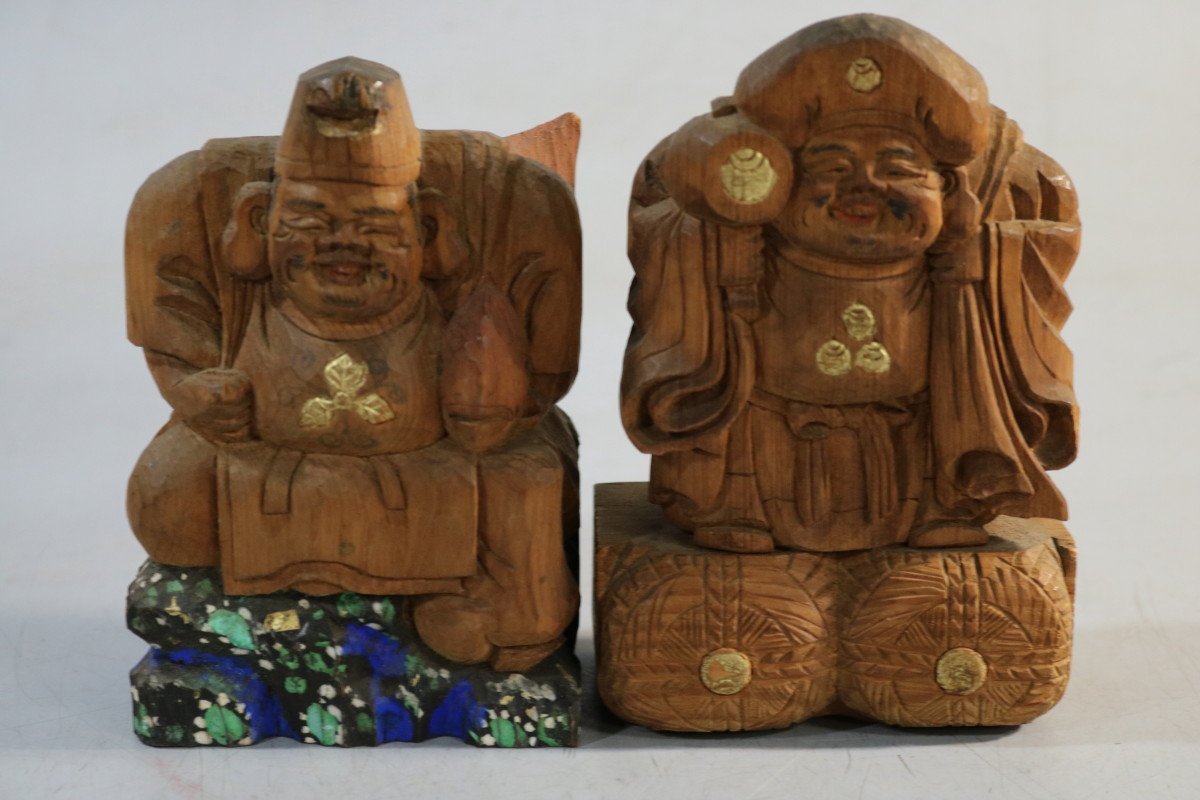 E725 木彫り大黒恵比寿様/東洋彫刻/時代もの/縁起物/古道具/神棚置物