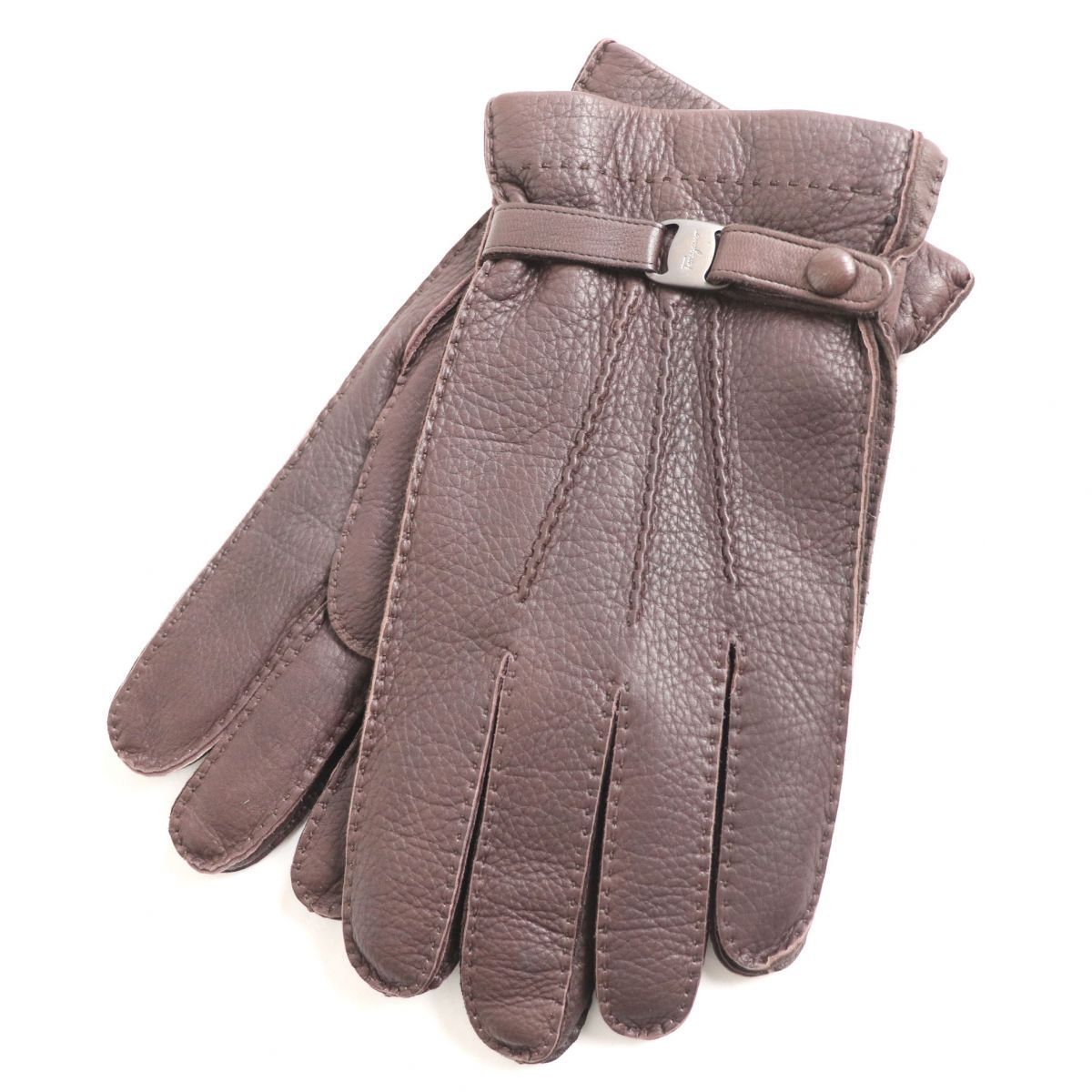 美品■伊製 サルヴァトーレ フェラガモ メタルプレート ストラップ カシミヤ100%ライニング レザー グローブ／手袋 ブラウン 8 1/2 メンズ