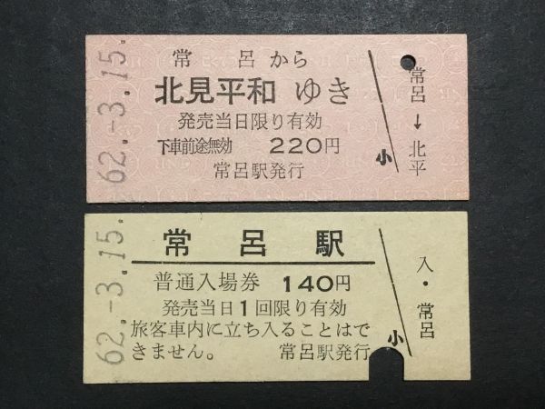 古い切符＊常呂 から 北見平和 ゆき 220円 常呂駅発行 昭和62年 他 計2