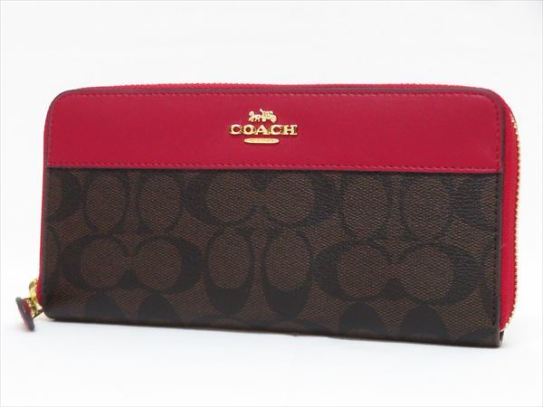 【100%新品，低価】 品 COACH コーチ ラウンドファスナー長財布 F76873 レッドレザー&times;ブラウンシグネチャー 10cm&times;19cm(女性用財布)｜売買されたオークション情報、yahooの商品情報をアーカイブ公開 - オークフ 服飾小物