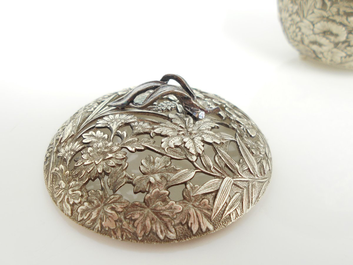 と743☆金工師鍛栄造 七草模様香炉 網代編文 香道具 共