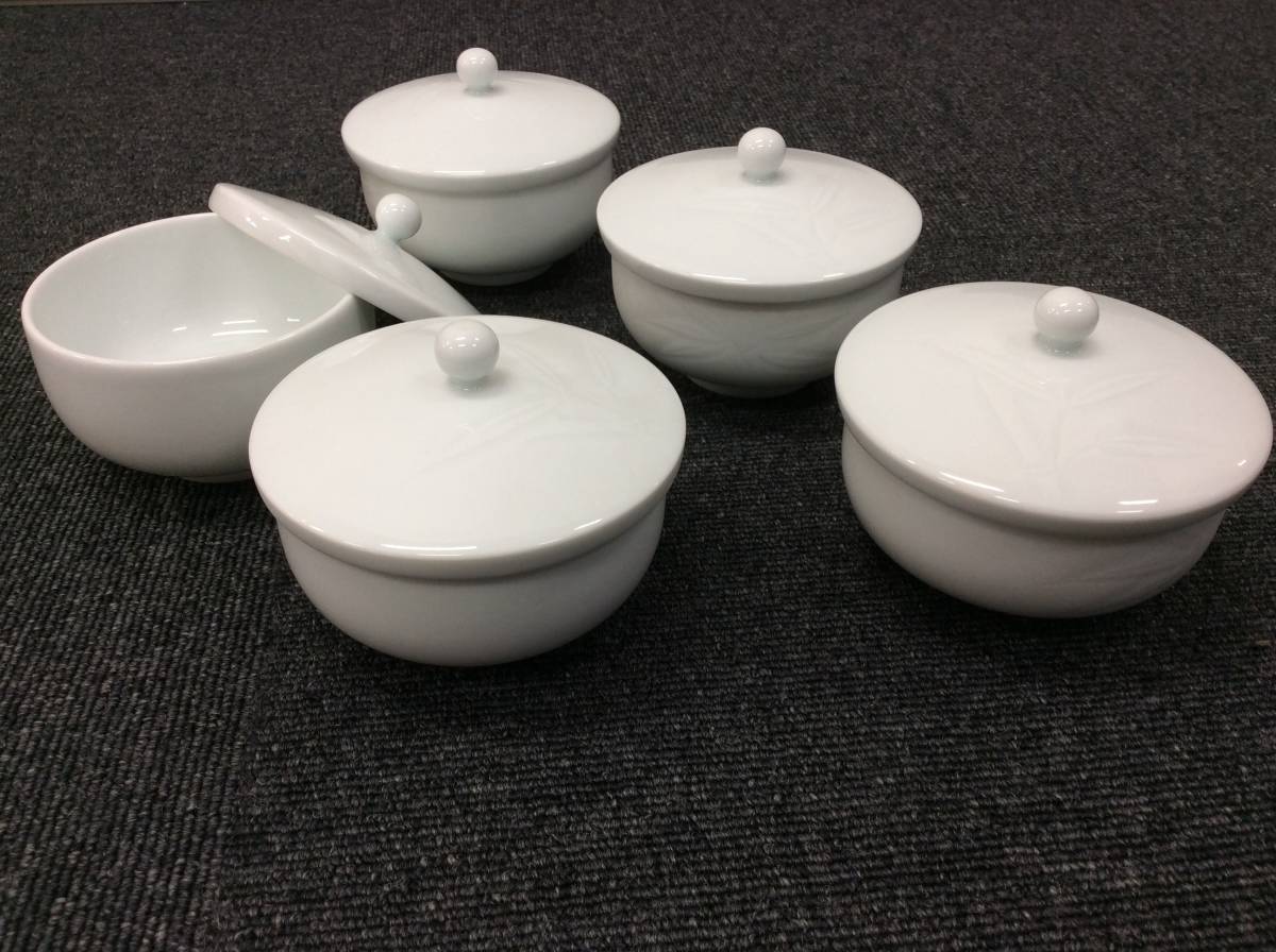 2248 美品 井上萬二 白磁彫文蓋付汲出碗 五客揃 共箱 人間国宝 蔵出し 