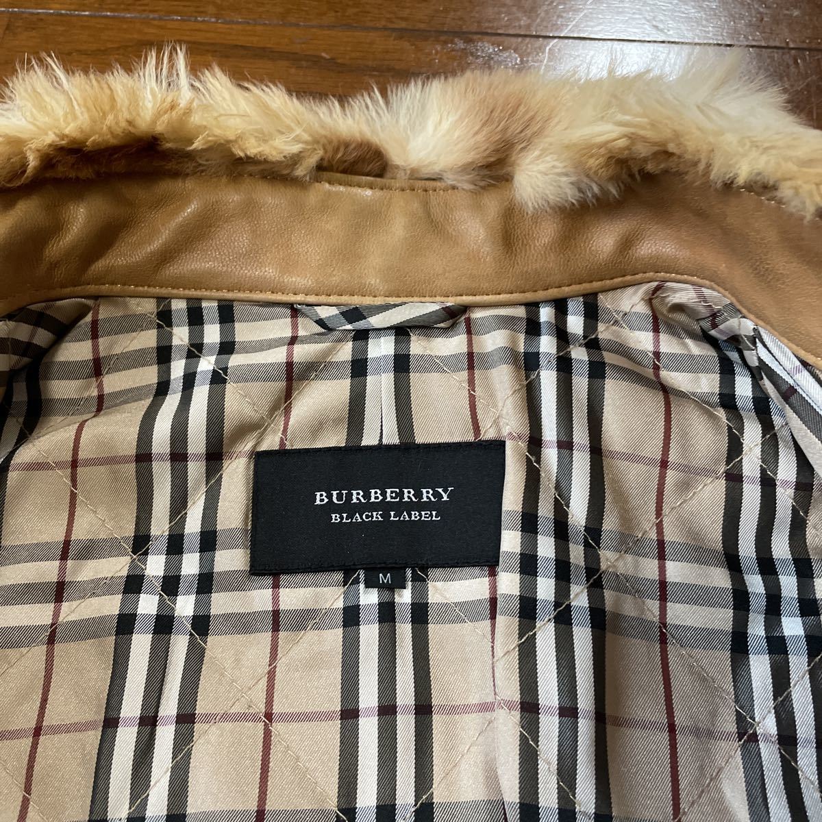 BLACK BURBERRY LABEL ラムレザー メンズ 黒 バーバリーブラックレーベル☆ファー付きベージュ羊革レザーコート
