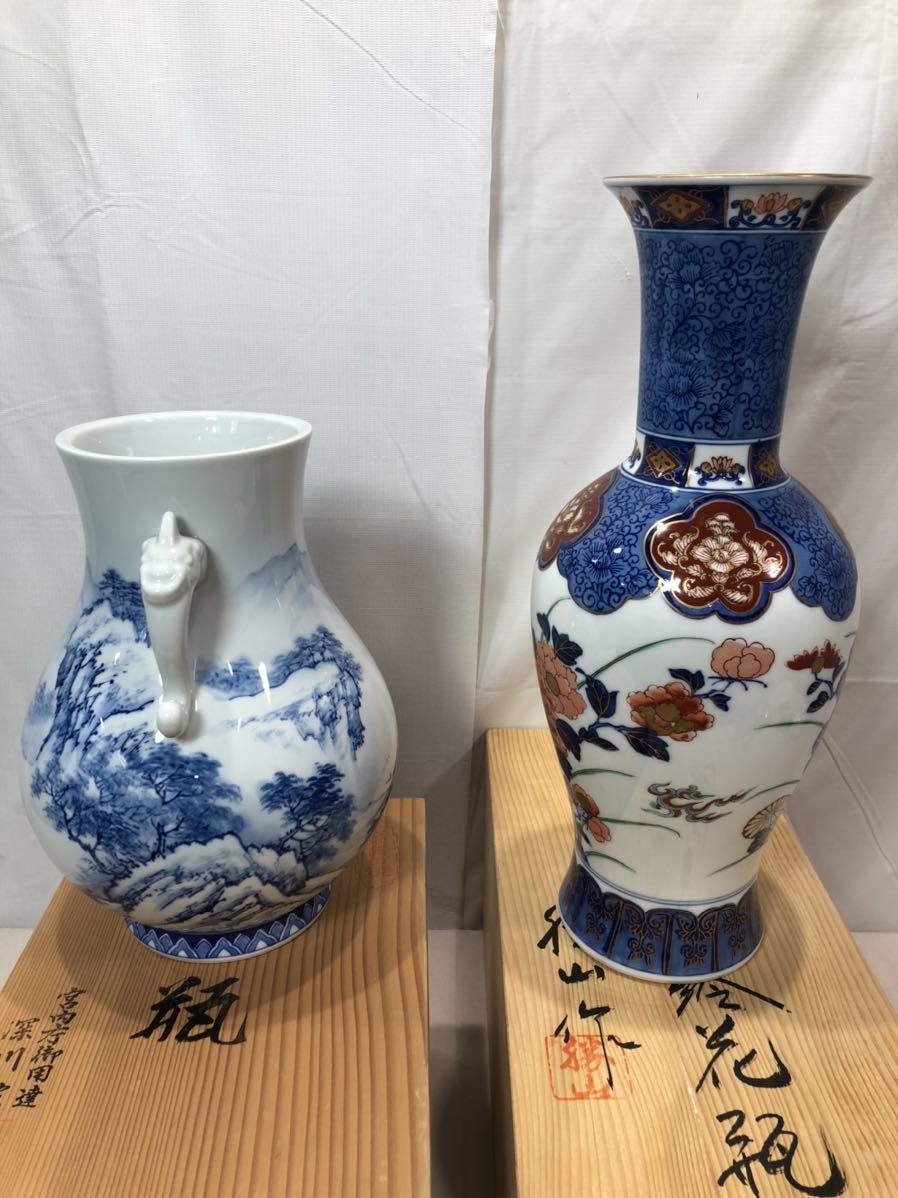 古伊万里 牡丹絵花瓶 孫山作花瓶/宮内庁御用達 深川製 花瓶 2点セット 