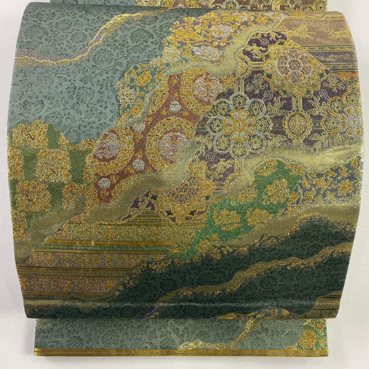 袋帯 秀品 華文 草花 金糸 箔 灰緑 六通 正絹(仕立て上がり)｜売買