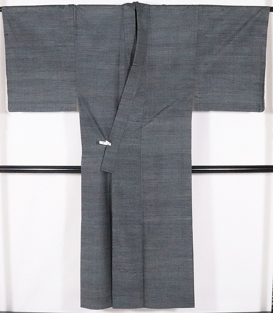紳士用単衣着物 手織紬 チャコールグレー Mサイズ MY2567 中古美品 夏着物 単衣 メンズ 6月7月8月9月シーズン 送料無料