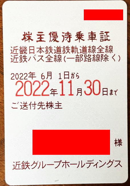 近鉄】株主優待乗車証/全線/電車・バス6ヶ月/定期型 