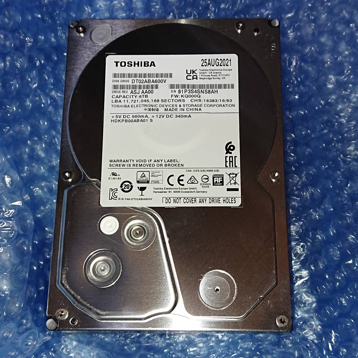 6TB TOSHIBA 静音AVコマンド対応SATA HDD DT02ABA600V 308時間 東芝