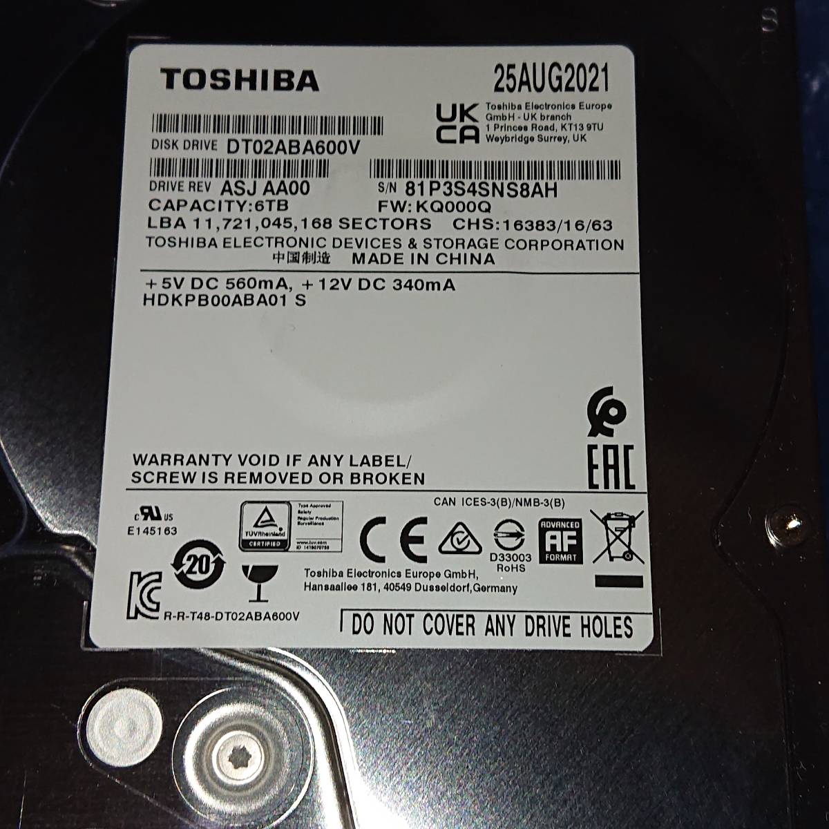 6TB TOSHIBA 静音AVコマンド対応SATA HDD DT02ABA600V 308時間 東芝