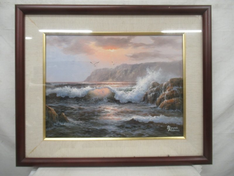 E0672 人見友紀 陽光波涛風景 油彩 P12 額装_1