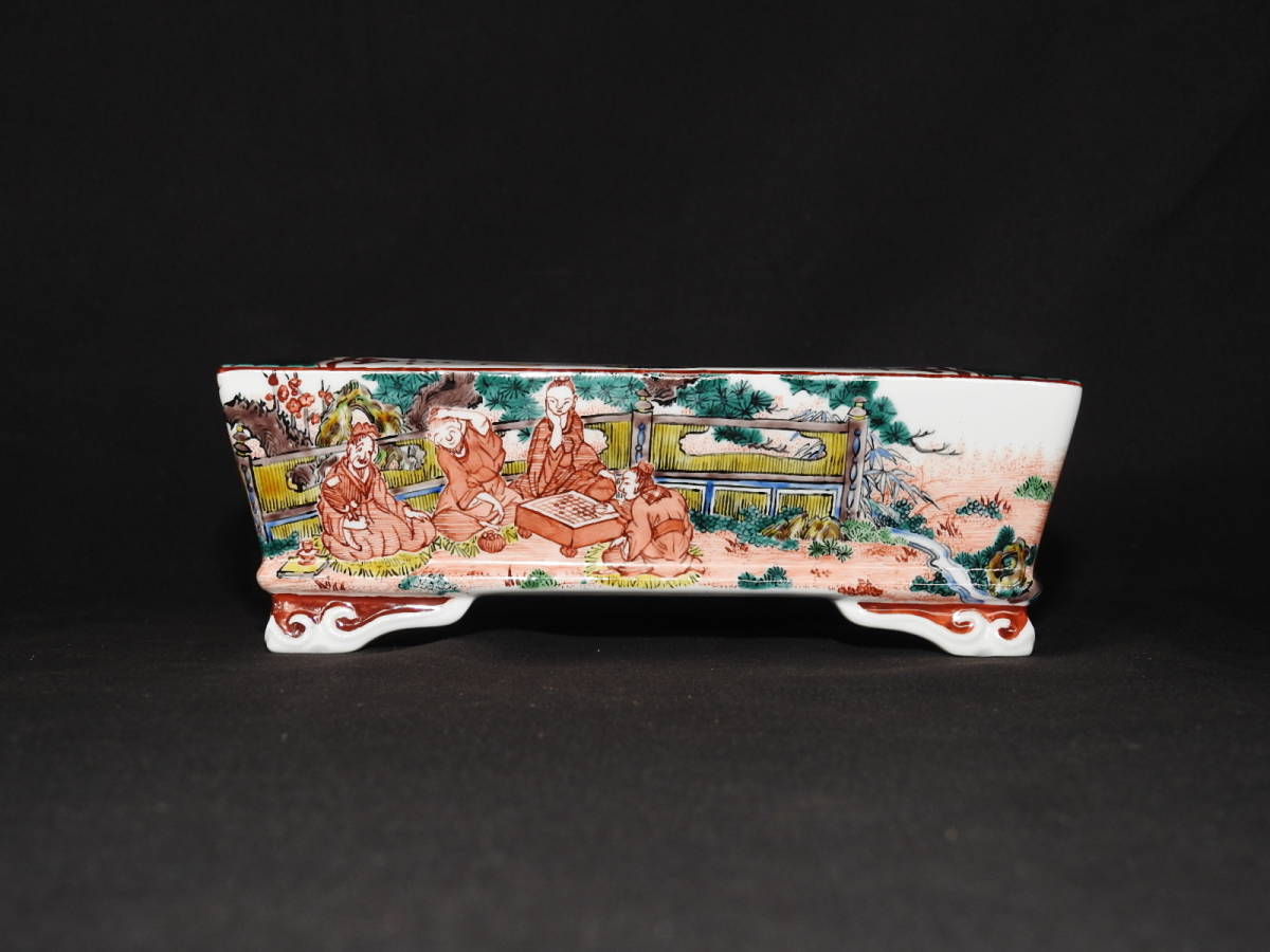 盆栽鉢 【九谷一向作】赤絵人物図切立長方（横18cm）中国鉢花台蘭鉢 は
