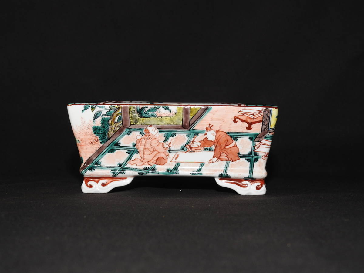 盆栽鉢 【九谷一向作】赤絵人物図切立長方（横18cm）中国鉢花台蘭鉢 は