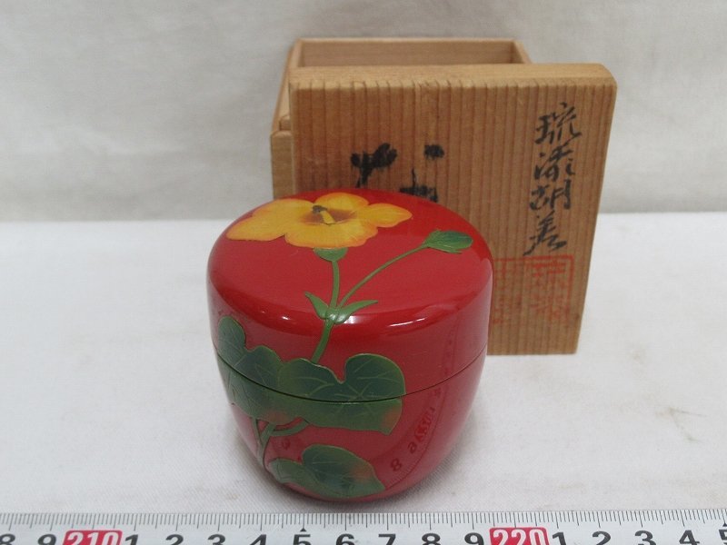 P0683 琉球漆器 ハイビスカス文 棗 茶入れ 共箱