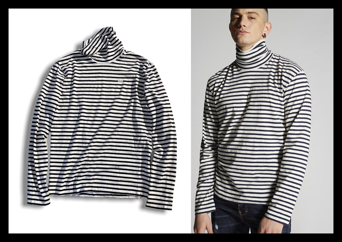 定価5.8万 ディースクエアード DSQUARED2 リラクシーな着心地！リネン混 ボーダー柄 タートルネック ロングTシャツ ロンT イタリア製 L