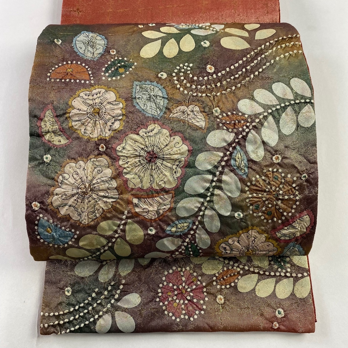 【未使用品】袋帯　ピンク真珠　螺鈿金彩　鳳凰　唐花　深緑　お太鼓柄 袋帯 名品 華文 花唐草 螺鈿 金彩 灰色 お太鼓柄 正絹｜中古