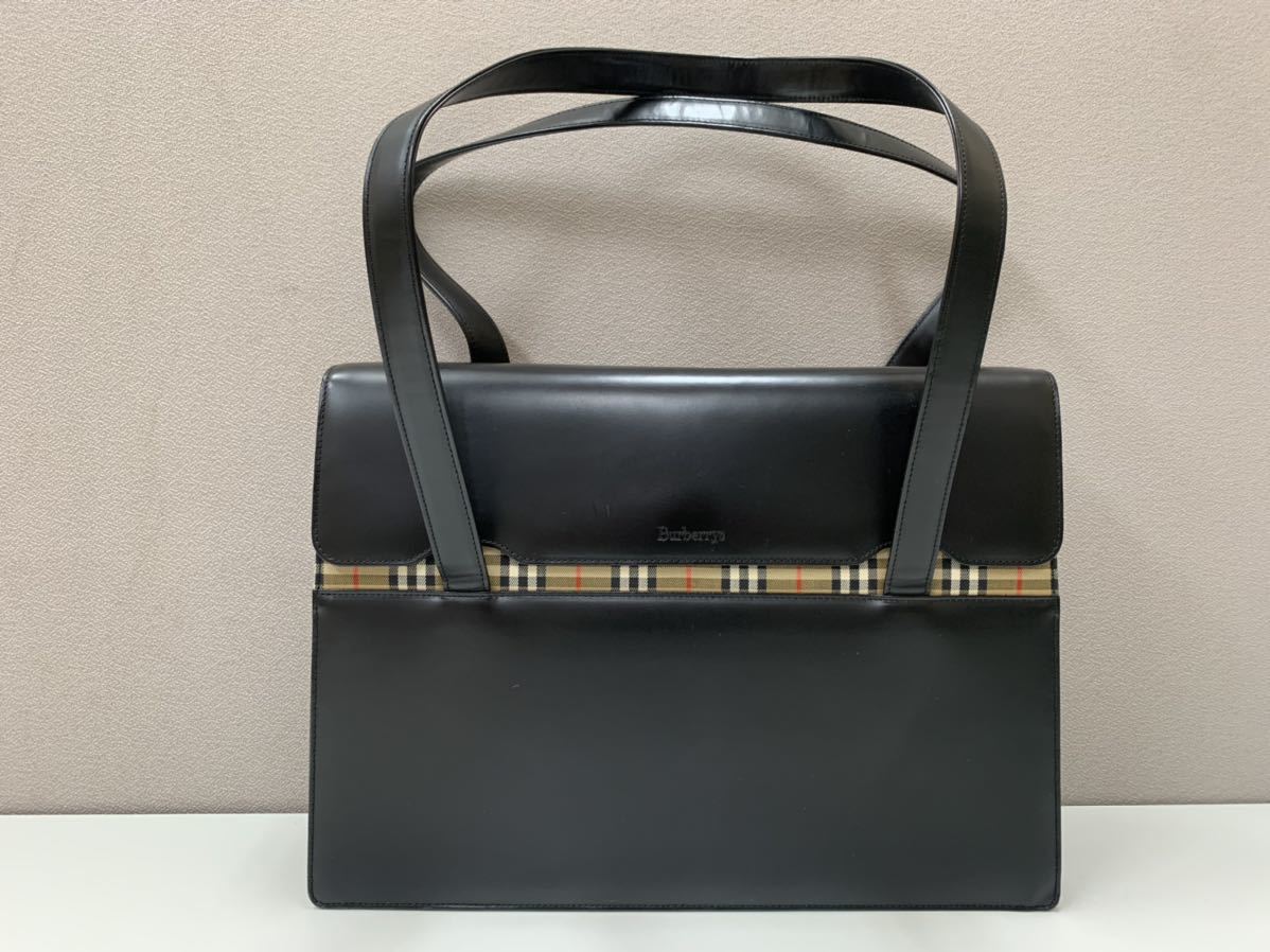良品 BURBERRY トートバッグ レザー ブラック ノバチェック ロゴ Women