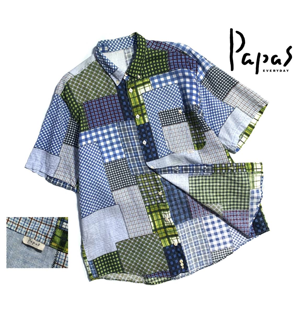  名作 定価3万 Papas パパス 半袖 パッチワーク リネンシャツ L 50 麻 送料370円 総柄 チェック 夏にオススメ一枚 高清涼感 イカリロゴ(パパス)｜売買されたオークション情報、yahooの商品情報をア パパス