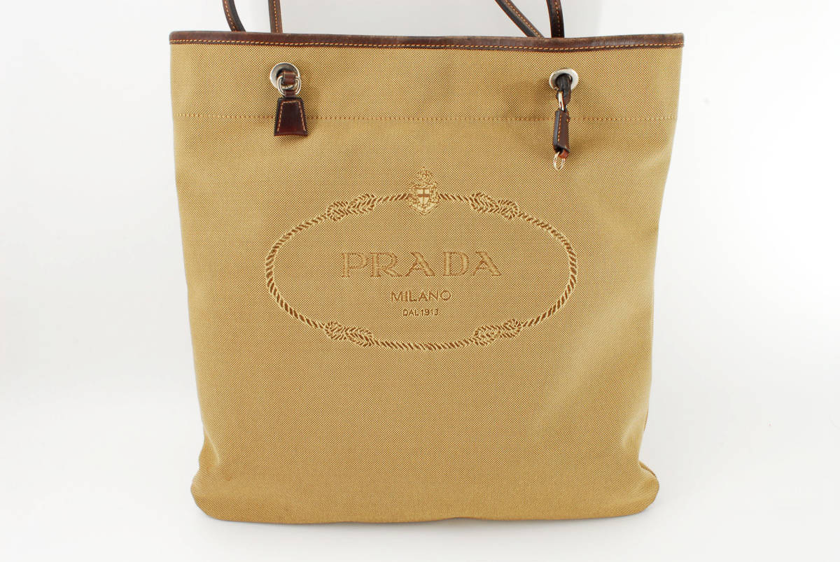 1円スタート】PRADA プラダ ジャガード キャンバス レザー トート 