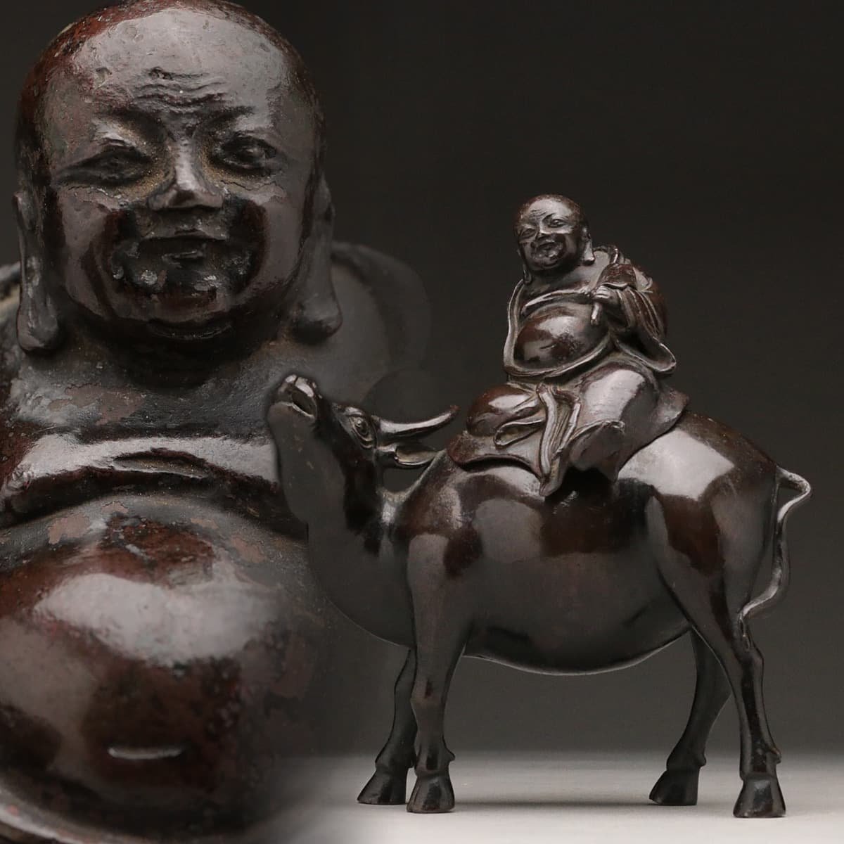 EE200 時代物 古銅のったり香炉 高19cm 重1kg 木箱附・銅布袋騎牛香炉 