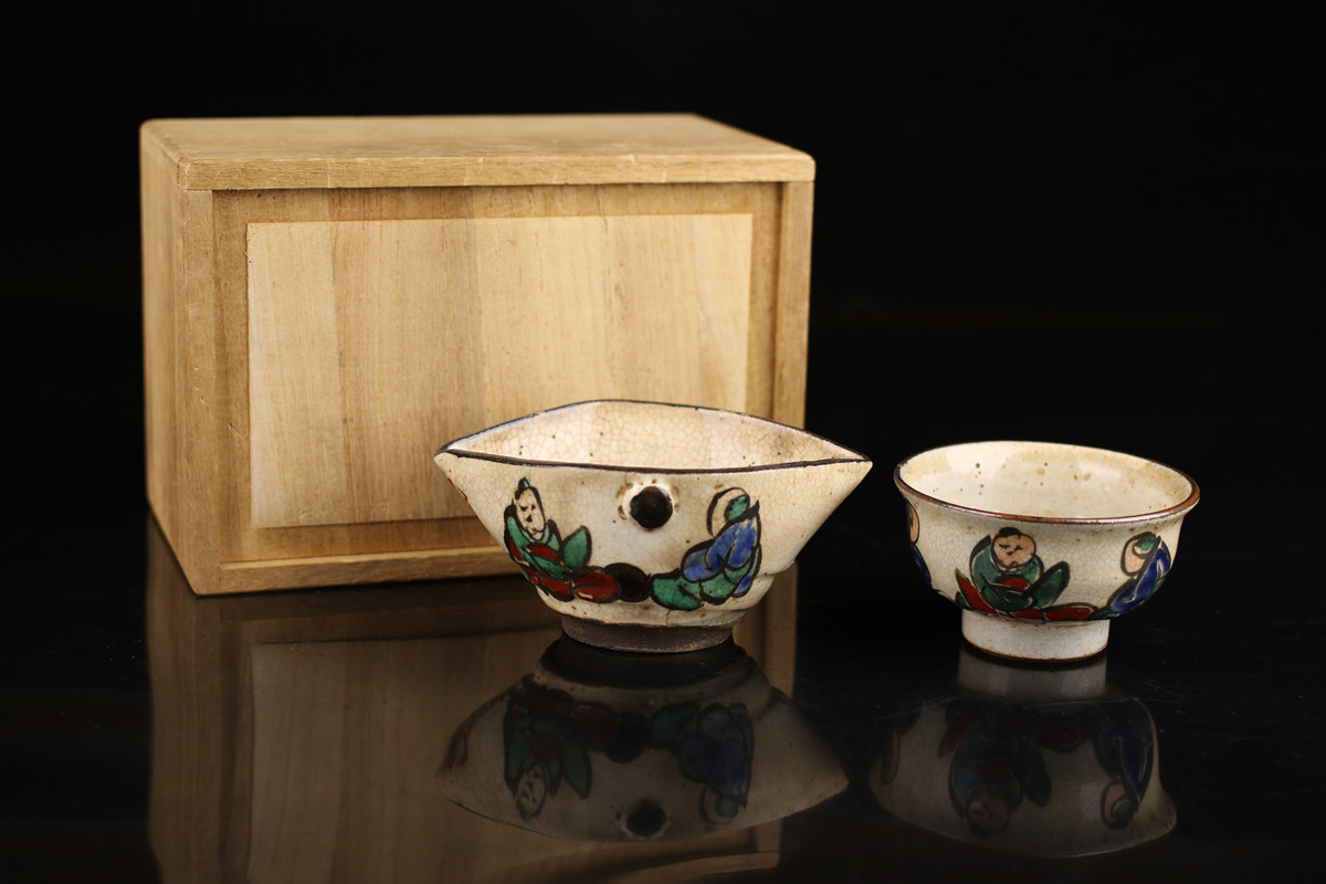 C8587 江戸時代 【青木木米】造 京焼色絵人物紋 湯呑 茶冷 茶道具／在