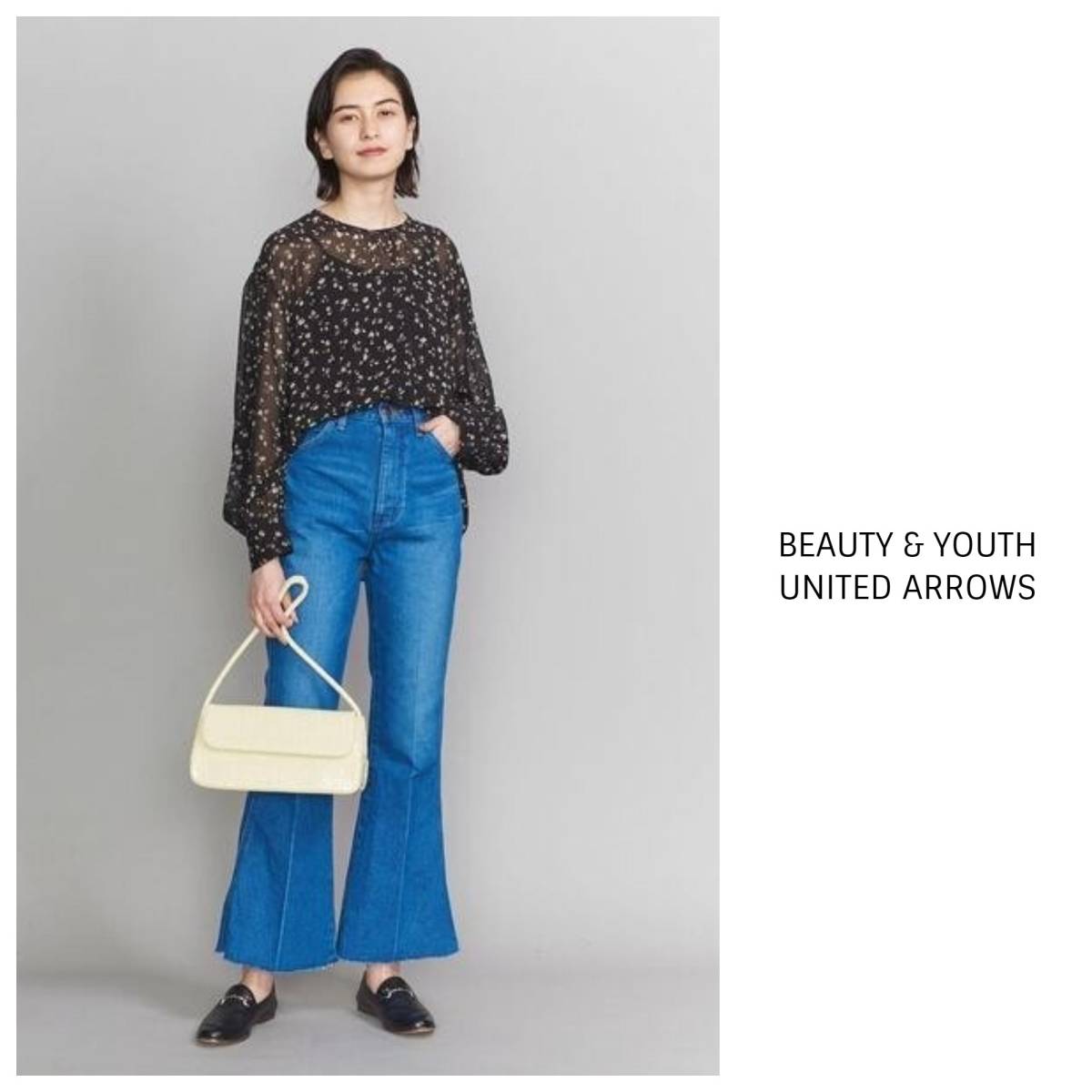 1.2万☆ユナイテッドアローズ/BEAUTY & YOUTH☆洗える シフォンフラワープリント ギャザースリーブブラウス☆A-O 4405