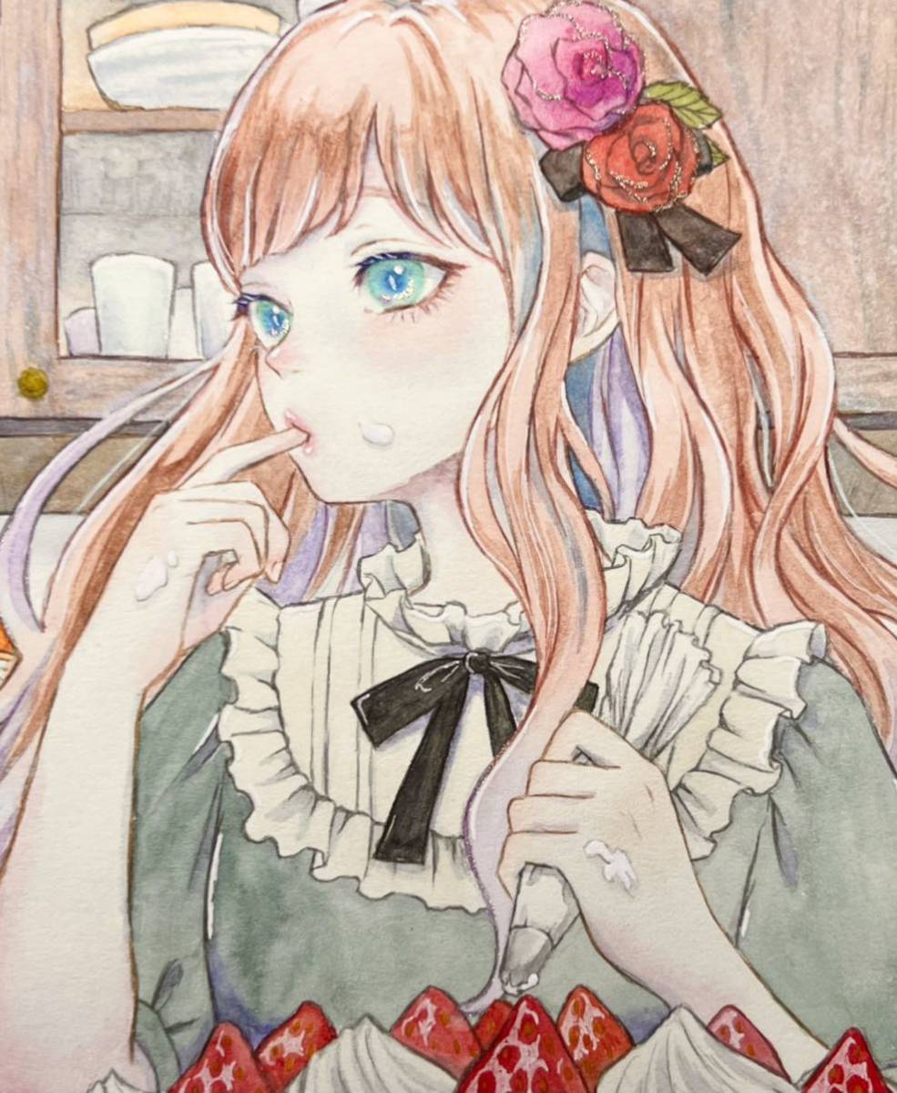 オリジナル 創作 水彩画 透明水彩 イラスト 女の子 ケーキ作り 手描き