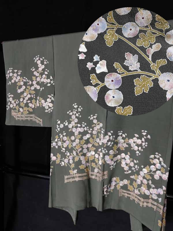 花柄　着物セット 100cm(美品) ☆きものさらさ アンティーク着物帯☆羽織 菊 シック 正絹 大正ロマン
